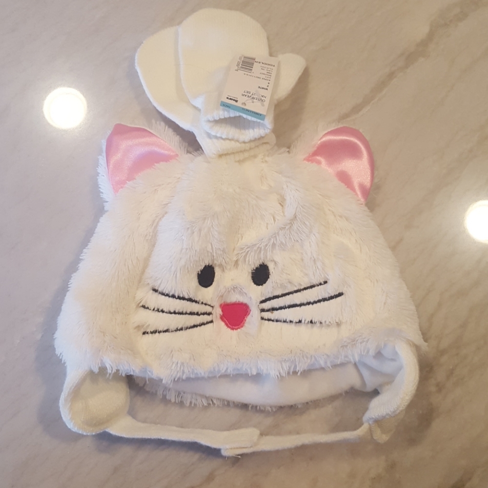 NWT SEARS WHITE BUNNY HAT AND MITTENS SET